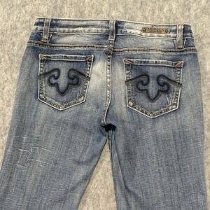Rerock for Express Jeans LOW RISE Boot Cut Blue Denim Distressed - Size 6S